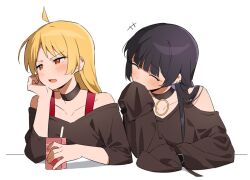 Rule 34 | 2girls, ^ ^, black hair, black shirt, blonde hair, blush, bocchi the rock!, closed eyes, covering own mouth, drink, ear piercing, hand on own cheek, hand on own face, holding, holding carton, holding drink, ijichi seika, juice box, long hair, multiple girls, namgic, off-shoulder shirt, off shoulder, open mouth, pa-san, piercing, red eyes, shirt, side-by-side, simple background, sleeves past fingers, sleeves past wrists, white background