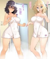 Rule 34 | 2girls, andou (girls und panzer), bathroom, bc freedom (emblem), black hair, blonde hair, blue eyes, blush, breasts, brown eyes, clenched hand, commentary request, covered navel, dark-skinned female, dark skin, emblem, female focus, frown, girls und panzer, grimace, highres, indoors, large breasts, looking at viewer, medium hair, messy hair, multiple girls, nakamura yukitoshi, naked towel, open mouth, oshida (girls und panzer), standing, sweatdrop, towel, translated, wet