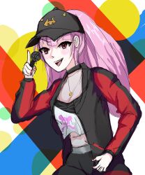 Rule 34 | 1girl, absurdres, artist request, baseball cap, black hat, black jacket, black pants, blunt bangs, cropped shirt, hat, highres, holding, holding microphone, hololive, hololive english, jacket, long hair, looking at viewer, microphone, mori calliope, mori calliope (streetwear), multicolored clothes, multicolored jacket, nail polish, non-web source, official alternate costume, open mouth, pants, pink hair, ponytail, red eyes, red jacket, red nails, shirt, sidelocks, simple background, sketch, smile, solo, source request, two-tone jacket, virtual youtuber, white shirt