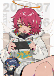 Rule 34 | 1girl, absurdres, alternate costume, arknights, blush, casual, character doll, commentary, dated, detached wings, exusiai (arknights), fang, halo, highres, hood, hoodie, logo parody, mostima (arknights), nail polish, nintendo switch, open mouth, pink nails, playing games, red hair, short hair, simple background, sitting, solo, sweatdrop, symbol-only commentary, taowu (20809), thighs, white background, white hoodie, wings, yellow eyes