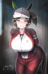 Rule 34 | 1girl, alternate costume, animal ears, blurry, blurry background, blush, breasts, brown hair, commentary request, commission, freckles, green eyes, grin, hat, highres, horse ears, horse girl, horse gril, horse tail, ines fujin (umamusume), jacket, kanikama25, large breasts, skeb commission, smile, solo, tail, track jacket, umamusume