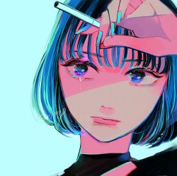 Rule 34 | 1girl, blue background, blue eyes, blue hair, blue nails, cigarette, crying, crying with eyes open, hand up, highres, holding, holding cigarette, lipstick, looking at viewer, makeup, nail polish, original, portrait, richard-kun, short hair, simple background, tears, watermark