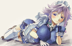 Rule 34 | 1girl, apron, blue eyes, braid, breasts, garter straps, hand on own cheek, hand on own face, head rest, izayoi sakuya, large breasts, light purple hair, light smile, lips, looking at viewer, lying, maid, maid apron, maid headdress, miniskirt, on side, puffy sleeves, short hair, skirt, smile, solo, thighhighs, touhou, twin braids, white thighhighs, wrist cuffs, yohane