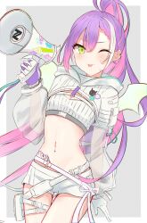 Rule 34 | 1girl, ;p, absurdres, badge, belt, braid, braided bangs, breasts, button badge, cleavage, cowboy shot, demon girl, demon tail, demon wings, gloves, green eyes, grey belt, high ponytail, highres, holding, holding megaphone, hololive, holster, hooded shrug, long hair, long sleeves, looking at viewer, megaphone, midriff, multicolored hair, navel, navel piercing, nishiki yuno, one eye closed, piercing, pink hair, ponytail, purple hair, ribbed shirt, see-through, see-through sleeves, shirt, short shorts, shorts, shrug (clothing), small breasts, solo, stomach, stomach tattoo, tail, tattoo, thigh belt, thigh holster, thigh strap, tokoyami towa, tokoyami towa (5th costume), tongue, tongue out, turtleneck, very long hair, virtual youtuber, white belt, white gloves, white hair, white shirt, white shorts, white shrug, white tail, white wings, winged heart tattoo, wings, zipper pull tab
