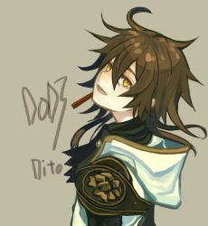 Rule 34 | 1boy, brown background, brown hair, character name, copyright name, dito (drag-on dragoon), drag-on dragoon, drag-on dragoon 3, english text, looking back, male focus, short hair, simple background, smile, solo, yellow eyes, yoshida1224