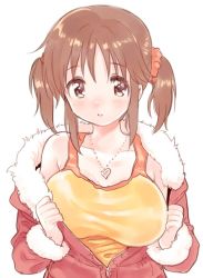 Rule 34 | 1girl, :o, amezawa koma, blush, breasts, brown eyes, brown hair, clothes pull, coat, commentary request, fur-trimmed coat, fur trim, hair ornament, hair scrunchie, heart, heart necklace, idolmaster, idolmaster cinderella girls, jacket, jacket pull, jewelry, large breasts, necklace, orange scrunchie, parted lips, pulled by self, red coat, scrunchie, shirt, short twintails, simple background, solo, tank top, totoki airi, twintails, white background, yellow shirt, zipper