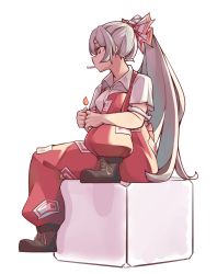 Rule 34 | 1girl, absurdres, boots, bow, brown footwear, cigarette, collared shirt, commentary, cross-laced footwear, fire, fire, fujiwara no mokou, full body, grey hair, hair bow, highres, hugging own legs, knee up, long hair, ofuda, ofuda on clothes, pants, ponytail, profile, red bow, red eyes, red pants, shirt, simple background, sitting, smoking, solo, torn clothes, torn sleeves, touhou, very long hair, white background, white bow, white shirt, yashiki sen