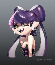 Rule 34 | 1girl, bare shoulders, black background, black dress, black hair, black jumpsuit, breasts, callie (splatoon), cleavage, collar, collarbone, cropped torso, domino mask, dress, earrings, fangs, food, food on head, gradient background, hair ornament, happy, highres, inkling, jewelry, jumpsuit, long hair, mask, medium breasts, mole, mole under eye, nintendo, object on head, open mouth, pointy ears, puchiman, smile, solo, splatoon (series), splatoon 1, standing, strapless, strapless dress, tentacle hair, tongue