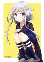 Rule 34 | 10s, 1girl, blue eyes, blush, collarbone, crescent, crescent hair ornament, eyebrows, full body, hair ornament, hands on own knees, kantai collection, looking at viewer, nayuhi (yukimuu14), purple hair, shoes, short hair, short hair with long locks, sidelocks, simple background, sitting, skirt, solo, twitter username, yayoi (kancolle)