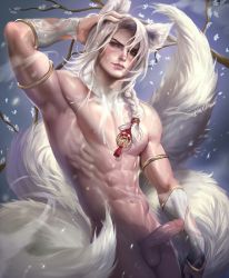 Rule 34 | 1boy, abs, animal ears, erection, highres, male focus, muscular, nude, outdoors, pectorals, penis, sakimichan, smile, solo, tagme, tail, testicles, uncensored