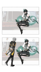 Rule 34 | 2boys, ?, absurdres, arms behind back, bare shoulders, black footwear, black gloves, black hair, black jacket, black pants, black sleeves, caelus (honkai: star rail), carbonate co3, chinese clothes, chinese commentary, closed eyes, closed mouth, crossed bangs, dan heng (honkai: star rail), dan heng (imbibitor lunae) (honkai: star rail), detached sleeves, dragon boy, dragon horns, dragon tail, earrings, fingerless gloves, full body, gloves, green horns, grey hair, hair between eyes, highres, honkai: star rail, honkai (series), horns, jacket, jewelry, long hair, long sleeves, looking at another, male focus, multiple boys, musical note, open hands, pants, pectoral cleavage, pectorals, pointy ears, short hair, simple background, sitting, speech bubble, spread legs, standing, tail, trailblazer (honkai: star rail), white background, wide sleeves