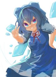Rule 34 | 1girl, absurdres, blue dress, blue eyes, blue hair, blue ribbon, breasts, cirno, clip studio paint (medium), commentary, cowboy shot, crossed bangs, dress, fangs, grin, hair between eyes, hair ribbon, hand on own hip, highres, lenserd, looking at viewer, making-of available, medium breasts, medium hair, neck ribbon, pinafore dress, red ribbon, ribbon, shirt, short sleeves, simple background, sleeveless, sleeveless dress, smile, solo, touhou, v, white background, white shirt, wings