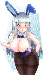 Rule 34 | 1girl, absurdres, alternate costume, animal ears, blue background, blue bow, bow, bowtie, breasts, brown pantyhose, cleavage, cowboy shot, detached collar, facial mark, fake animal ears, girls&#039; frontline, green eyes, highres, hk416 (girls&#039; frontline), hk416 (starry cocoon) (girls&#039; frontline), kentumatsu, large breasts, leotard, looking at viewer, pantyhose, playboy bunny, purple leotard, rabbit ears, solo, strapless, strapless leotard, teardrop, white background, white hair, wrist cuffs