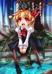 Rule 34 | 1girl, animal, animal on head, ascot, bird, black footwear, black skirt, black vest, blonde hair, blouse, blush stickers, bow, brown pantyhose, cape, closed eyes, fang, full body, green bow, hair ribbon, long sleeves, looking up, mk-5, on head, open mouth, outdoors, outstretched arms, own hands together, pantyhose, red ascot, red eyes, red pupils, red ribbon, reiuji utsuho, reiuji utsuho (bird), ribbon, rumia, shirt, shoes, short hair, sitting, size difference, skirt, skirt set, smile, third eye, touhou, tree, vest, water, white shirt