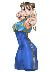 Rule 34 | 1girl, blue unitard, breasts, brown hair, bun cover, capcom, chun-li, clenched hand, cropped legs, double bun, fighting stance, hair bun, highres, jewelry, looking at viewer, medium breasts, official alternate costume, shirt, sleeveless, sleeveless shirt, solo, street fighter, street fighter zero (series), taiyou, thighs, unitard