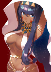 Rule 34 | 1girl, a shika, armlet, blue eyes, blunt bangs, breasts, commentary request, dark-skinned female, dark skin, facial mark, fate/grand order, fate (series), hairband, jewelry, long hair, navel, nitocris (fate), parted lips, purple hair, red background, simple background, stomach, tan