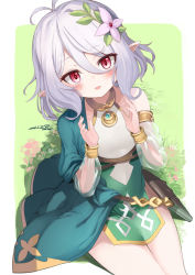 Rule 34 | 1girl, :d, antenna hair, bare shoulders, blush, covered navel, dated, detached sleeves, dress, flower, grey hair, hair between eyes, hair flower, hair ornament, hands up, highres, kokkoro (princess connect!), long sleeves, looking at viewer, open mouth, pink flower, pointy ears, princess connect!, puffy long sleeves, puffy sleeves, red eyes, see-through, see-through sleeves, signature, sitting, sleeveless, sleeveless dress, smile, solo, umino hotate, white dress