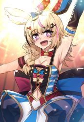 Rule 34 | 1girl, :d, absurdres, ahoge, animal ear fluff, arm up, armpits, blonde hair, braid, commentary request, dress, gold trim, highres, hinghoi, hololive, long hair, looking at viewer, multicolored clothes, multicolored dress, multicolored hair, omaru polka, omaru polka (1st costume), open mouth, purple eyes, single braid, sleeveless, sleeveless dress, smile, solo, star-shaped pupils, star (symbol), streaked hair, symbol-shaped pupils, upper body, virtual youtuber