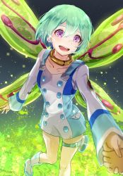 Rule 34 | 1girl, 1other, absurdres, blush, collar, collarbone, crying, crying with eyes open, diffraction spikes, eureka (eureka seven), eureka seven, eureka seven (series), glint, glowing, green hair, hair between eyes, highres, holding, holding hands, kachin, light green hair, multiple wings, open mouth, pouch, purple eyes, short hair, sleeves past wrists, solo focus, tears, teeth, thigh pouch, thigh strap, tongue, upper teeth only, wings