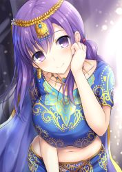 Rule 34 | 1girl, arabian clothes, blue skirt, blush, breasts, cape, circlet, collarbone, cowboy shot, fate/grand order, fate (series), foreshortening, hand on own cheek, hand on own face, hand up, head tilt, jewelry, large breasts, leaning forward, light particles, long hair, looking at viewer, matou sakura, navel, necklace, one side up, parvati (fate), purple cape, purple eyes, purple hair, short sleeves, skirt, solo, stomach, taiki ken, tareme