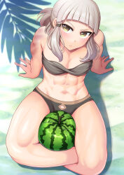 Rule 34 | 1girl, abs, absurdres, bare shoulders, beach, bikini, black bikini, blunt bangs, breasts, collarbone, fate/grand order, fate (series), food, fruit, grey hair, harurukan, highres, indian style, long hair, looking at viewer, muscular, muscular female, navel, penthesilea (fate), sand, short ponytail, sidelocks, sitting, small breasts, solo, swimsuit, thighs, toned, watermelon, yellow eyes