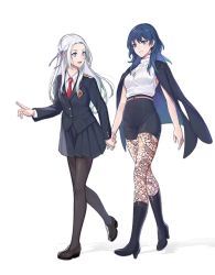Rule 34 | 2girls, alternate universe, black shorts, blue eyes, blue hair, boots, byleth (female) (fire emblem), byleth (fire emblem), clovisxvii, contemporary, dark blue hair, edelgard von hresvelg, fire emblem, fire emblem: three houses, green hair, hair ribbon, high heel boots, high heels, highres, holding hands, jacket, jacket on shoulders, jewelry, long hair, looking at another, medium hair, multiple girls, necklace, nintendo, open mouth, pantyhose, pantyhose under shorts, patterned clothing, purple eyes, ribbon, school uniform, shorts, silver hair, simple background, skirt, sleeveless, sleeveless turtleneck, smile, turtleneck, walking, white background, yuri
