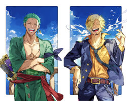 Rule 34 | 2boys, absurdres, blonde hair, cigarette, closed eyes, commentary request, crossed arms, curly eyebrows, facial hair, formal, goatee, green hair, hair over one eye, highres, holding, holding cigarette, jewelry, katana, male focus, multiple boys, necktie, oboro keisuke, one eye covered, one piece, open mouth, outside border, roronoa zoro, sanji (one piece), scar, scar across eye, scar on chest, scar on face, short hair, smile, suit, sword, teeth, weapon