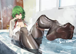 Rule 34 | 1girl, :q, bath, bathtub, black pantyhose, blush, breasts, bubble bath, collarbone, collared shirt, commentary request, day, dripping, feet, finger to mouth, fingernails, foot up, green hair, hair between eyes, half-closed eyes, hand on own thigh, hand to own mouth, hand up, head tilt, indoors, kazami yuuka, kikimifukuri, knee up, large breasts, leg hold, licking lips, looking at viewer, medium hair, nail polish, naughty face, necktie, no pants, nose blush, open clothes, open shirt, paid reward available, pantyhose, partially submerged, plaid, plaid vest, red eyes, red nails, red vest, shiny clothes, shirt, sitting, smile, soap bubbles, soles, solo, steam, toes, tongue, tongue out, touhou, undone necktie, vest, water, wet, wet clothes, wet face, wet legwear, wet pantyhose, wet shirt, white shirt, window, yellow neckwear