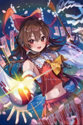 Rule 34 | 1girl, bare shoulders, blush, bow, brown hair, detached sleeves, fujiwara aoi, gohei, hair between eyes, hair bow, hair tubes, hakurei reimu, highres, holding, holding gohei, japanese clothes, long hair, looking at viewer, navel, nontraditional miko, ofuda, open mouth, orb, pleated skirt, red bow, red eyes, red skirt, ribbon-trimmed sleeves, ribbon trim, sidelocks, skirt, smile, solo, touhou, twitter username, watermark, white sleeves, wide sleeves, yin yang, yin yang orb