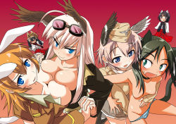 Rule 34 | 6+girls, animal ears, breast press, breasts, camera, charlotte e. yeager, francesca lucchini, hanna-justina marseille, head wings, inagaki mami, katou keiko, medium breasts, mozu (peth), multiple girls, nipples, panties, rabbit girl, raisa pottgen, small breasts, strike witches, striped clothes, striped panties, symmetrical docking, tail, underwear, wings, witches of africa, world witches series, yuri