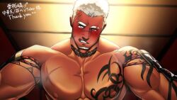 Rule 34 | 1boy, abs, bara, blush, breath, chest tattoo, come hither, commission, dark-skinned male, dark skin, eyebrow cut, indie virtual youtuber, kansuke (kansuke 717), large pectorals, lei bailin, looking at viewer, male focus, mature male, muscular, muscular male, nipples, nude, outstretched arms, pectorals, pov, sanpaku, scar, scar on face, scar on forehead, seductive smile, short hair, skeb commission, smile, solo, tattoo, thick eyebrows, uneven eyes, upper body, virtual youtuber, white hair