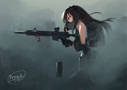 Rule 34 | 1girl, absurdres, bad id, bad pixiv id, black gloves, black hair, blue eyes, clip (weapon), cowboy shot, dreadtie, gas mask, gloves, grey background, gun, headset, highres, long hair, mask, original, pleated skirt, profile, radio, reloading, rifle, short sleeves, signature, skirt, smoke, smoking barrel, solo, standing, watch, weapon, wristwatch