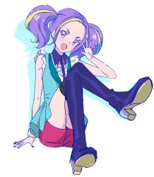 Rule 34 | 1girl, :d, absurdres, aikatsu! (series), aikatsu planet!, aqua jacket, black footwear, blonde hair, blush, boots, collared shirt, colored shadow, commentary, forehead, full body, highres, idol, jacket, knees up, crossed legs, long hair, looking at viewer, multicolored hair, nail polish, open mouth, purple hair, purple nails, red shorts, ruli (aikatsu planet!), shadow, shirt, shorts, simple background, sitting, sketch, sleeveless, smile, solo, streaked hair, tamaki ruli, thigh boots, thighhighs, tomatomagica, twintails, waving, white background, wrist cuffs