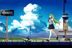 Rule 34 | 1girl, absurdres, bad id, bad pixiv id, blue sky, bus stop, cloud, cloudy sky, collared shirt, commentary request, day, frog hair ornament, full body, green eyes, green hair, hair ornament, hair tubes, highres, inoshin (inixia1748), kochiya sanae, long hair, outdoors, rice paddy, road sign, rural, school uniform, shirt, sign, skirt, sky, smile, snake hair ornament, solo, touhou, walking, white shirt