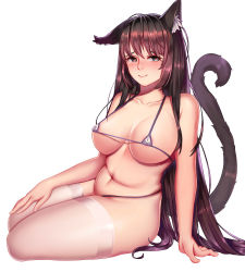Rule 34 | 1girl, 4 am, animal ears, areola slip, arm at side, arm support, bare arms, bare shoulders, bikini, breasts, breasts apart, brown hair, cat ears, cat girl, cat tail, closed mouth, collarbone, commentary request, covered erect nipples, eyelashes, fingernails, groin, hand on lap, heart, heart-shaped pupils, highres, large breasts, long hair, looking at viewer, micro bikini, navel, nose, original, pink lips, simple background, sitting, skindentation, smile, solo, stomach, strap gap, string bikini, swimsuit, symbol-shaped pupils, tail, thighhighs, very long hair, white background, white thighhighs, yokozuwari