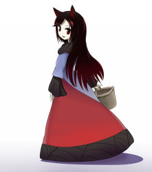 Rule 34 | 1girl, :d, animal ears, basket, brown hair, dress, gradient background, imaizumi kagerou, long hair, official style, open mouth, red eyes, shadow, smile, solo, street dog, touhou, wolf ears, zun (style)