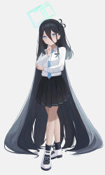 Rule 34 | 1girl, absurdly long hair, absurdres, aris (blue archive), blue archive, blue eyes, blush, crossed legs, full body, hairband, halo, hand on own chin, highres, index finger raised, kumare yuki, long bangs, long hair, long sleeves, looking at viewer, necktie, one side up, pleated skirt, shirt tucked in, shoes, skirt, smile, sneakers, socks, solo, tie clip, very long hair, watson cross