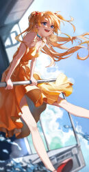 Rule 34 | 1girl, absurdres, blue choker, blue eyes, blue sky, blurry, blurry background, breasts, choker, cloud, collarbone, dress, hair between eyes, high heels, highres, interface headset, long hair, neon genesis evangelion, open mouth, orange dress, orange hair, outdoors, red footwear, sky, small breasts, smilent, solo, souryuu asuka langley, two side up