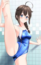 Rule 34 | 1girl, absurdres, ahoge, blue eyes, blue one-piece swimsuit, braid, breasts, brown hair, clothes writing, collarbone, commentary request, competition swimsuit, cowboy shot, hair flaps, hair ornament, hair over shoulder, highres, kantai collection, looking at viewer, medium breasts, one-piece swimsuit, shigure (kancolle), shigure kai ni (kancolle), single braid, solo, split, standing, standing on one leg, standing split, striped clothes, striped one-piece swimsuit, swimsuit, takafumi, tile wall, tiles