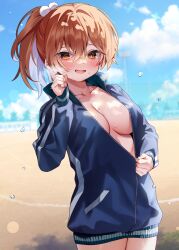 Rule 34 | 1girl, blonde hair, blue sky, blush, breasts, chihiro (khorosho), colored inner hair, day, hair ornament, high ponytail, jacket, large breasts, long hair, looking at viewer, multicolored hair, naked jacket, no bra, open clothes, open jacket, open mouth, original, outdoors, sky, smile, solo, sweat, white hair, yellow eyes