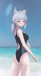 Rule 34 | 1girl, animal ear fluff, animal ears, ass, beach, black one-piece swimsuit, blue archive, blue eyes, blue sky, breasts, competition swimsuit, cowboy shot, cross hair ornament, day, extra ears, grey hair, hair ornament, halo, highres, horizon, jianjia, looking at viewer, looking back, low ponytail, medium breasts, medium hair, mismatched pupils, multicolored clothes, multicolored swimsuit, ocean, official alternate costume, one-piece swimsuit, outdoors, shiroko (blue archive), shiroko (swimsuit) (blue archive), sky, solo, swimsuit, wolf ears