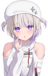 Rule 34 | 1girl, bare shoulders, blunt bangs, clothing cutout, grey hair, hand up, hat, highres, hololive, hololive dev is, kag tsukimi, looking at viewer, medium hair, multicolored hair, open mouth, purple eyes, purple hair, shoulder cutout, simple background, solo, star (symbol), streaked hair, todoroki hajime, upper body, virtual youtuber, white background, white hat