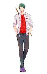 Rule 34 | 1boy, black pants, crocs, full body, green eyes, green hair, hands in pockets, highres, looking at viewer, male focus, original, pants, pocket, red shirt, shirt, short hair, simple background, standing, suna yaro, sword, tachi-e, weapon, white background, white shirt, wooden sword