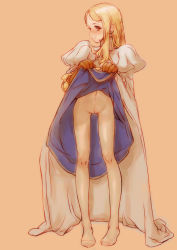 Rule 34 | 1girl, alicia (fft), armor, blonde hair, blush, branch (blackrabbits), cameltoe, cape, cleft of venus, final fantasy, final fantasy tactics, gluteal fold, knight (fft), leggings, lifting own clothes, long hair, no panties, red eyes, standing, tagme, thigh gap