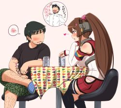 Rule 34 | 10s, 1girl, 2boys, admiral (kancolle), alcohol, artist self-insert, asahi breweries, asymmetrical legwear, bare shoulders, beard, beer, beer can, black hair, black thighhighs, blush, breasts, can, commentary request, detached sleeves, drink can, faceless, faceless male, facial hair, hairy legs, jewelry, kantai collection, large breasts, laughing, long hair, multiple boys, panties, ponytail, purple eyes, ring, shin&#039;en-san (shin&#039;en), shin&#039;en (gyokuro company), shorts, single thighhigh, squiggle, striped clothes, striped panties, sweatdrop, table, tattoo, thighhighs, underwear, uneven legwear, very long hair, wedding band, wedding ring, yamato (kancolle)