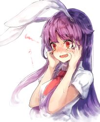 Rule 34 | 1girl, @ @, animal ears, bad id, bad pixiv id, blush, embarrassed, eyebrows, hands on own face, highres, long hair, necktie, purple hair, rabbit ears, red necktie, reisen udongein inaba, shirt, short sleeves, simple background, solo, squiggle, suminagashi, sweat, touhou, upper body, wavy mouth, white background, white shirt, wing collar