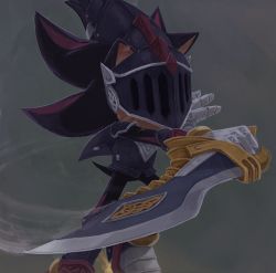 Rule 34 | 1boy, armor, armored boots, black hair, boots, furry, furry male, gauntlets, helm, helmet, highres, holding, holding sword, holding weapon, knight, long hair, male focus, no humans, rayactive factory, shadow the hedgehog, shoulder armor, sir lancelot (shadow), solo, sonic (series), sonic and the black knight, sword, symbol-only commentary, weapon