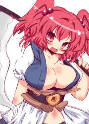 Rule 34 | 1girl, :d, blush, breasts, cleavage, hair bobbles, hair ornament, large breasts, looking at viewer, muuba, navel, onozuka komachi, open mouth, pink hair, red eyes, scythe, short hair, sketch, smile, solo, touhou, twintails, two side up
