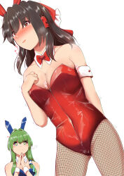 Rule 34 | 2girls, absurdres, animal ears, bare shoulders, black hair, blue leotard, blush, bow, bowtie, breasts, cleavage, commentary request, detached collar, fake animal ears, fishnet pantyhose, fishnets, green eyes, green hair, hakurei reimu, highres, kochiya sanae, leotard, long hair, medium breasts, mokutan (link machine), multiple girls, pantyhose, playboy bunny, rabbit ears, red bow, red bowtie, red eyes, red leotard, simple background, smile, sparkling eyes, touhou, white background