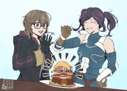 Rule 34 | 2girls, applause, armor, artist name, artist request, banana, black gloves, black hair, blue background, blush, bread, breasts, brown gloves, brown hair, censored, character request, chicken leg, closed eyes, coat, fire emblem, fire emblem heroes, food, fruit, glasses, gloves, gradient background, lettuce, looking down, meat, medium breasts, multiple girls, nintendo, open mouth, pixelated, plate, sandwich, sausage, simple background, smile, table, teeth, twintails
